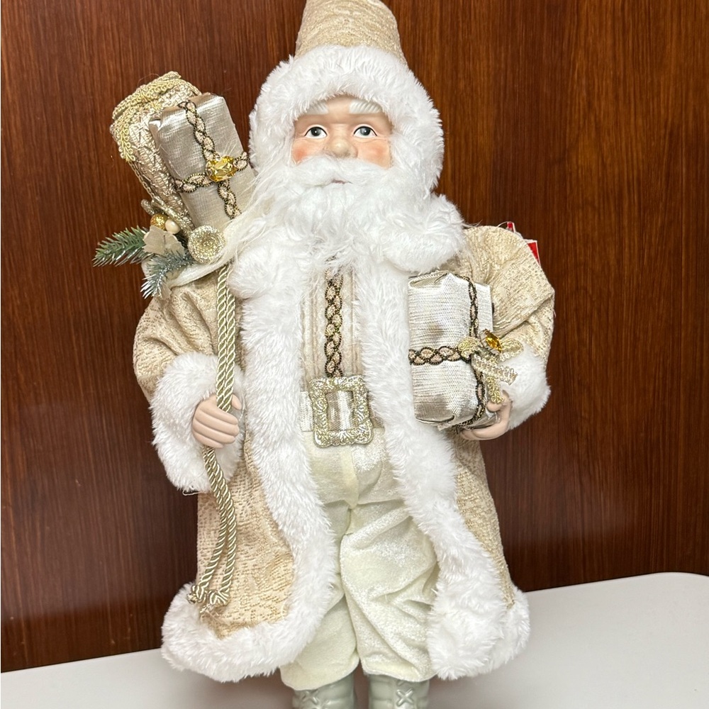 Elegant Cream and Gold Standing Santa Figurine 18”